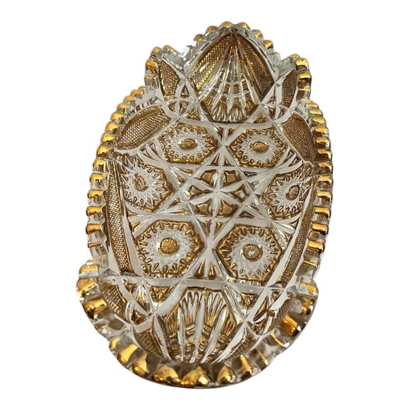 Vintage Clear & Gold Pressed Glass Oval Dish With Intricate Starburst & Geometri - Picture 3 of 10